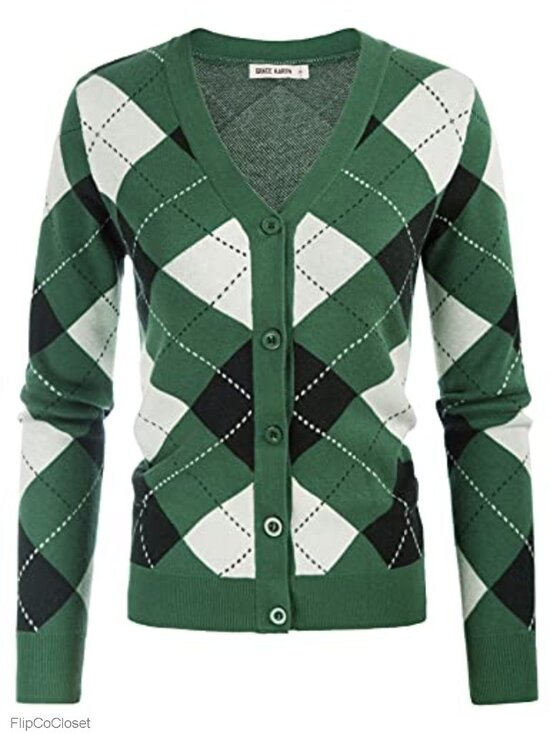 Sweaters - Preppy Argyle Cardigan Sweater Women V-Neck Button Down Knit